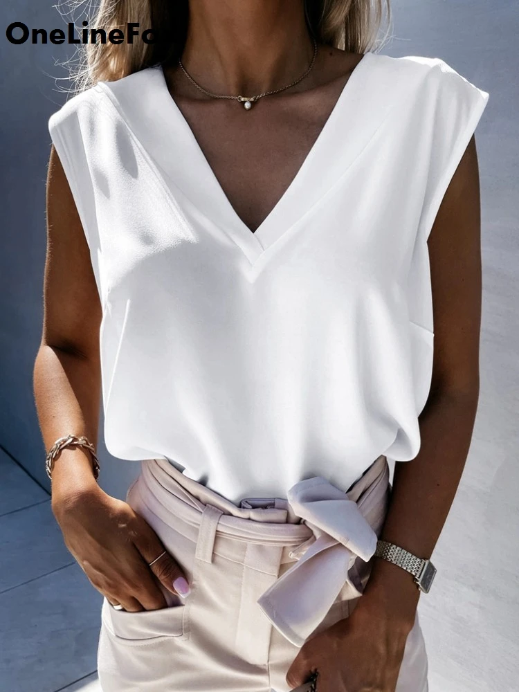 

OneLineFox Summer Women Tank Top Sexy Loose V-Neck Backless Sleeveless Blouse Shirts Fashion Elegant Vest Tops