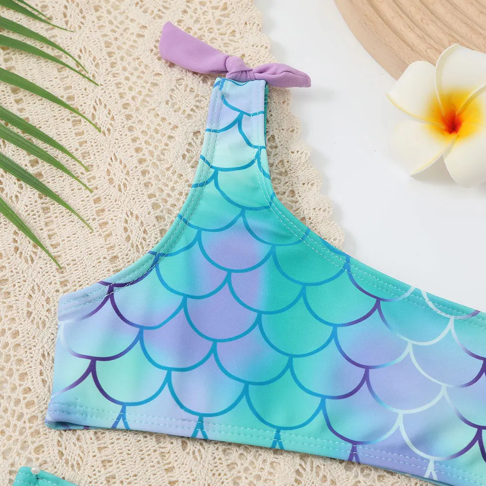 Fish Scale Print Girl Swimsuit Kids Mermaid Two Piece Children's Swimwear One Shoulder Bikini Set 2-8 Years Toddler Bathing Suit