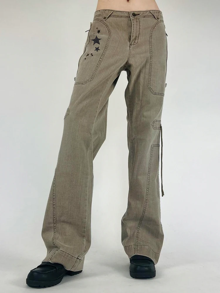 

YIKUO Streetwear Khaki Denim Jeans Fashion Star Print Low Rise Retro Cargo Pants Pocket Patchwork Straight Jogging Capris Lady