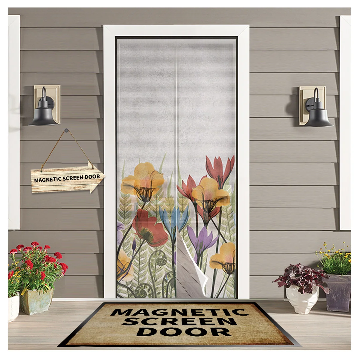 

Flowers Bright Colors Hand Painted New Bedroom Door Curtain Magnetic Mosquito Screen Kitchen Door Voile Fabric Mosquito Net