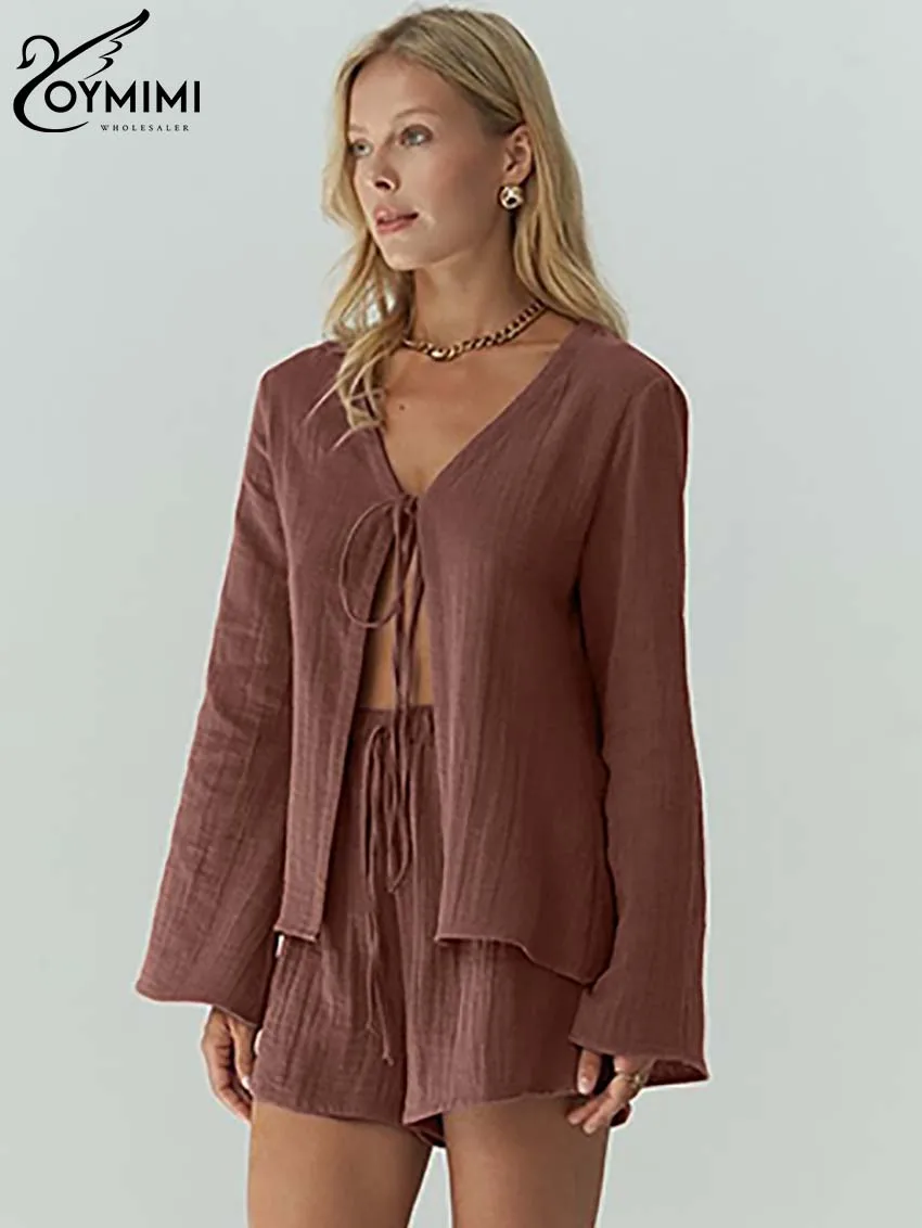 Oymimi повседневный коричневый хлопковый комплект из двух предметов для женщин