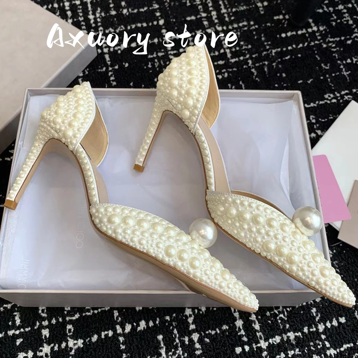 Women High Heels Bride Party Shoes Lady Pointed Toe Slip-on Pumps Runway Thin Heels Shoes Woman Pearl Shoes White