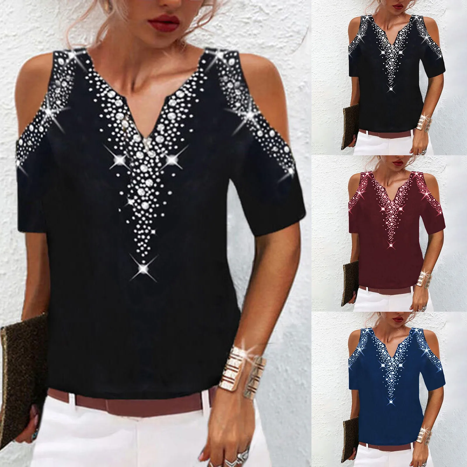 

Women Fashion Sequined Tops Summer Short Sleeve Cold Shoulder V Neck Printed Club Party Shirts Elegant Casual Loose Tee Tops New