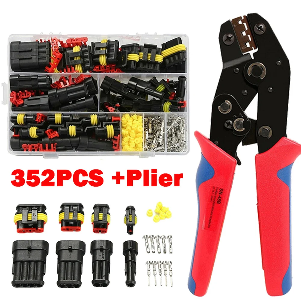 

352PCS Car Auto Plug Connector Sealed Waterproof Terminal Connector Plug with1PC Self-Adjusting Ratcheting Crimper Set