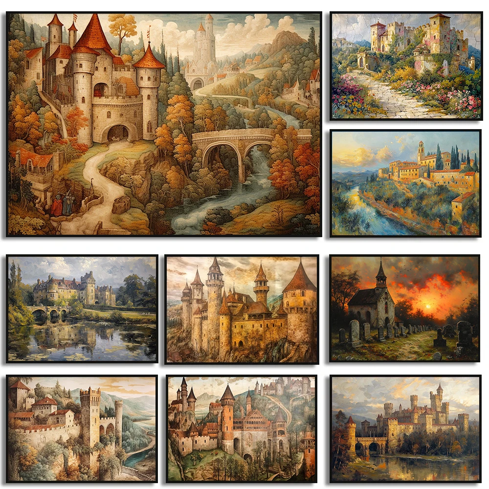 Картина на холсте с изображением замка в стиле ретро