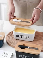 ceramic butter box cheese storage sealing dish tray with wood lid knife butter keeper tool food plate container kitchen tools