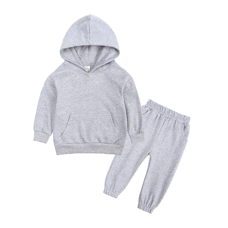 

Plain Kids Jogging Suit Baby Girls Boys Work Hoodie + Elastic Sweatpant Sets with Kangaroo Pocket Hooded Tracksuit 1-13 Years