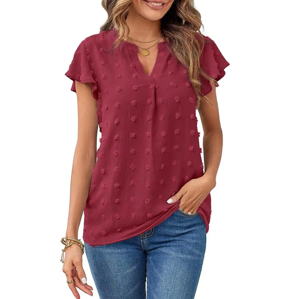

Women Summer V-Neck Tops Ruffle Short Sleeve Jacquard Decor Loose Fit Solid Color Pullover Tops Shirt Fashion Streetwear