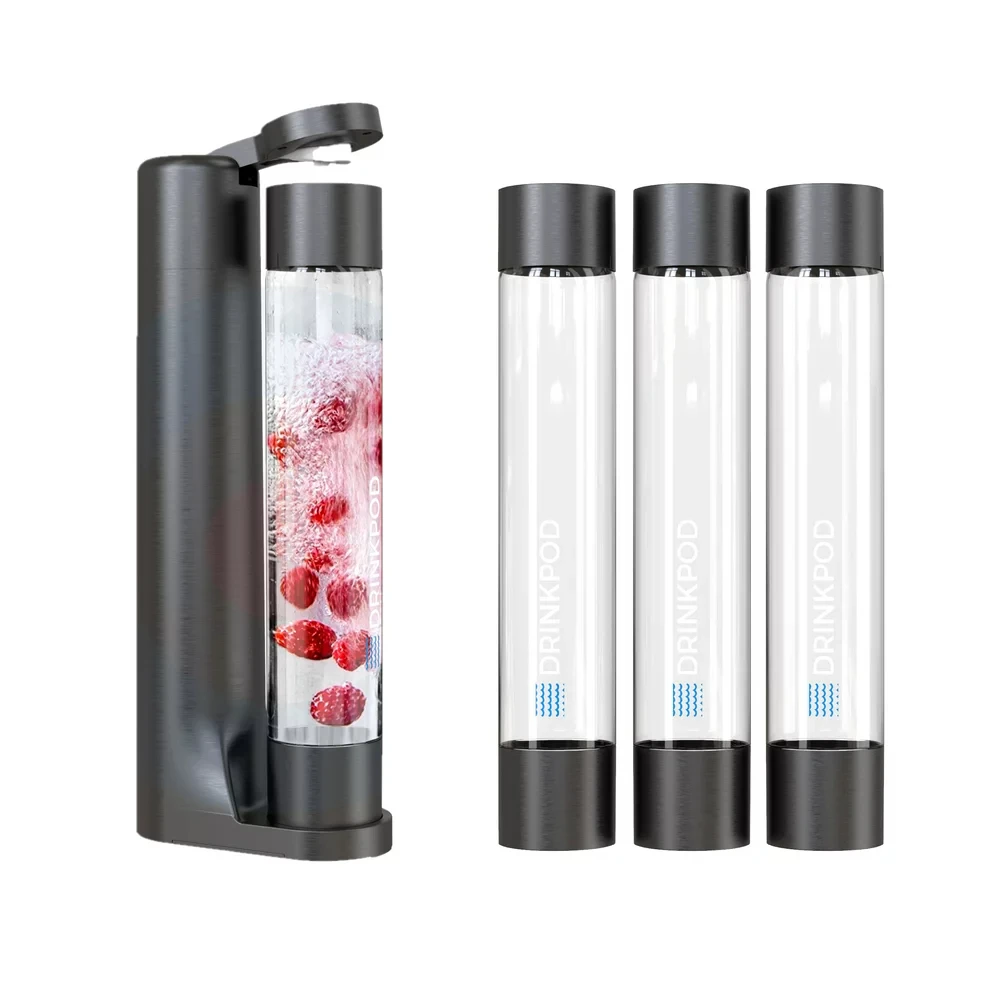 

Аппарат для приготовления сияющей воды Fizzpod с тремя бутылками 1 л, 3 крышки, инфузор 1 Fizz и руководство, модель DPFZPOD1KB - Col