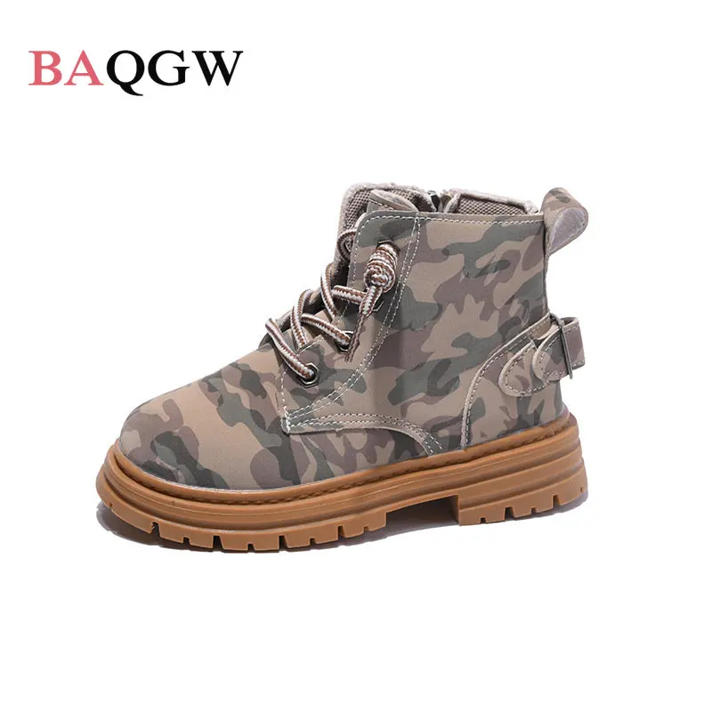 

Camouflage Design Boys Girls Fashion Boots Leather Outdoor Ankle Shoes for Children Comfortable Zipper Buckle Kids Short Booties