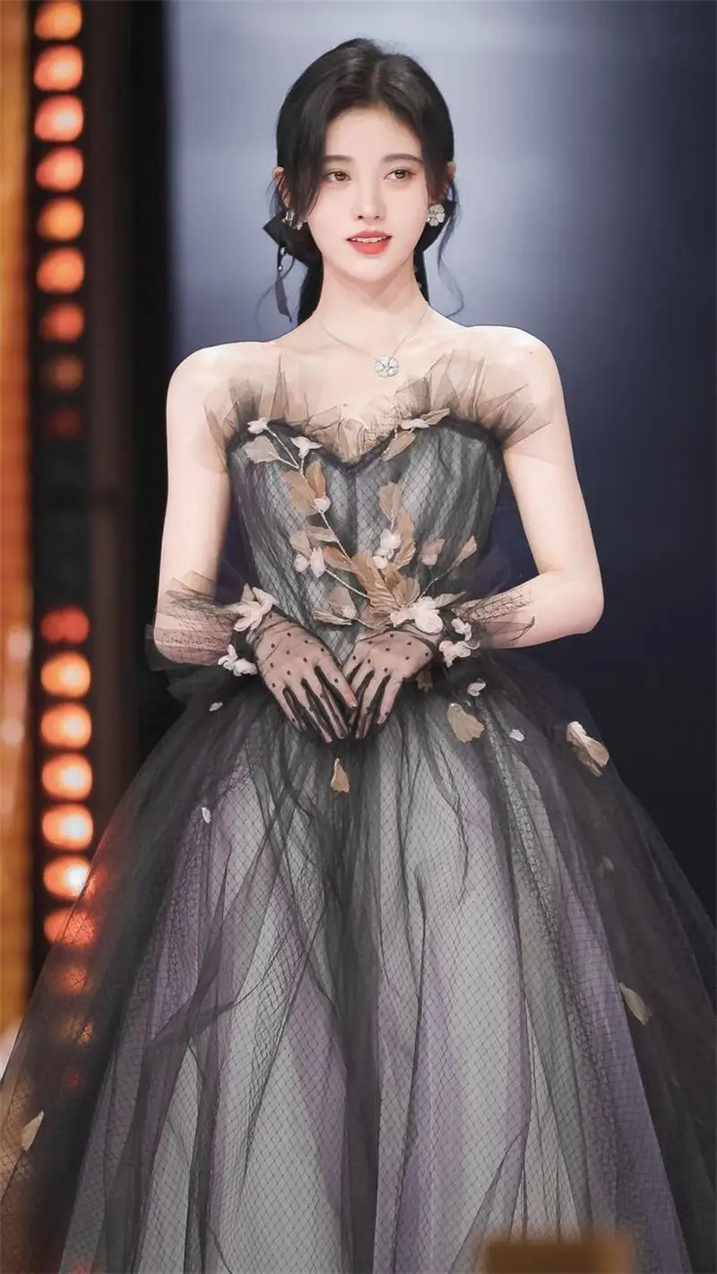 

14019 # элегантное ТРАПЕЦИЕВИДНОЕ черное платье до пола с милым воротником Y2K иллюзионное винтажное женское платье без рукавов для вечеринки выпускного вечера вечерние платья