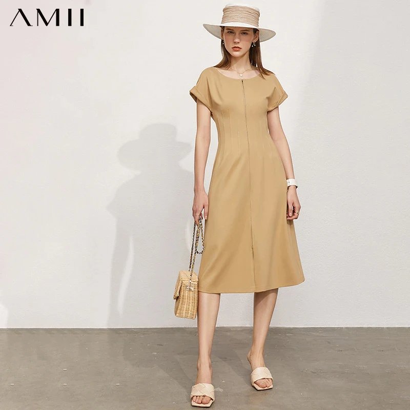 

Amii Minimalism Women's Summer Dress Offical Lady Solid Oneck Aline Knee-length Female Dress Causal Dress For Women 12130035