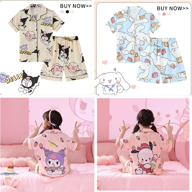 

Kawaii Sanrio Anime Hobby Kuromi Cinnamoroll Pochacco Summer Thin Cardigan Girls Pajamas Cotton Homewear Birthday Present