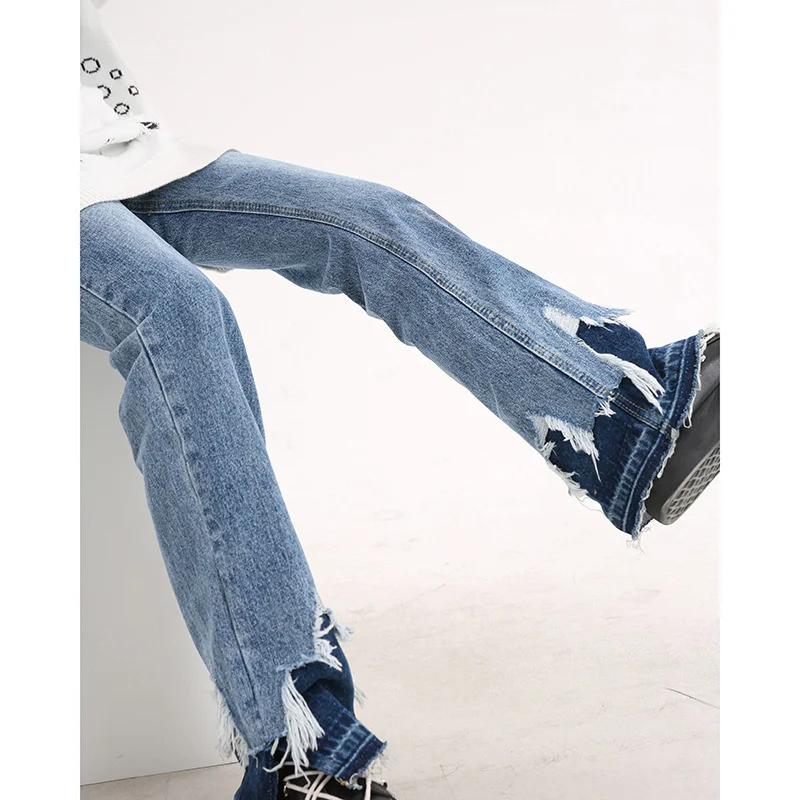 

High Street Women's Jeans Y2K Fashion Design Raw Edges Aesthetic Wide-Leg Pants High Waisted Denim 90s Slit Jeans