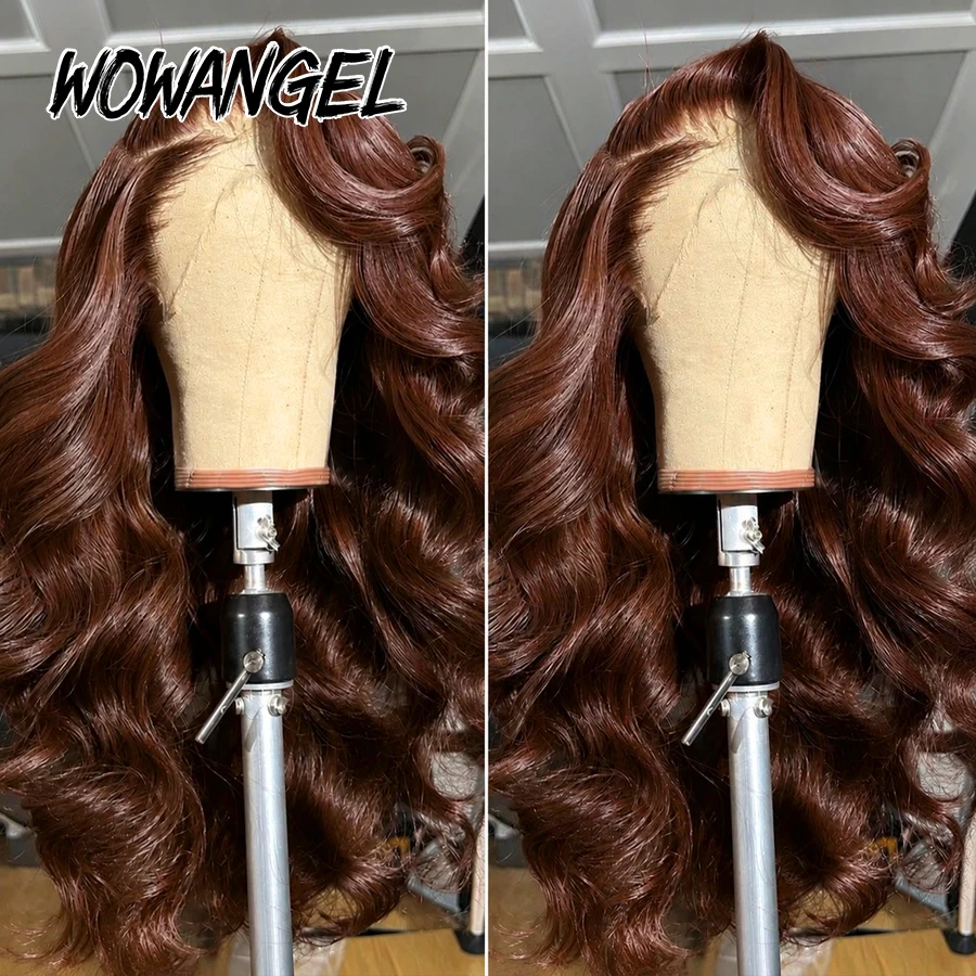 Фото WOWANGEL Коричневый парик из натуральных волос с эффектом Body Wave, 13x6 HD, с кружевной передней частью, предварительно снятая линия роста волос, осветленные узлы, невидимое кружево, цветной парик №5