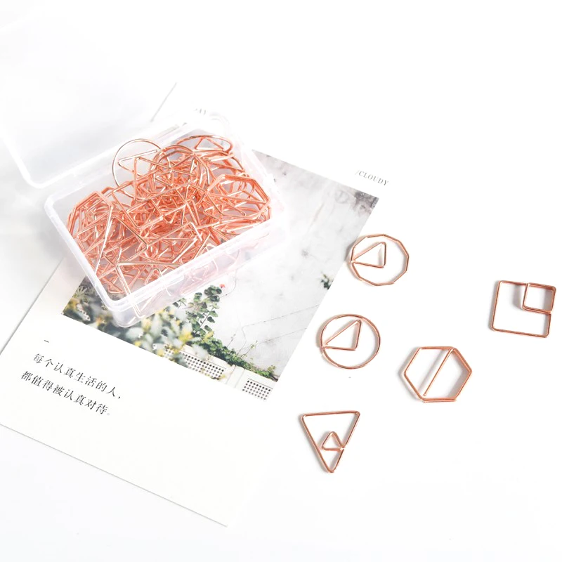 

60pcs/Box Mini Paper Clip Polygon Rose Gold Metal Bookmark Binder Clip Office Binding Supplies Accessories CW-152