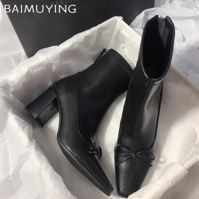 Женские ботильоны на высоком каблуке с бантом элегантная кожаная обувь
