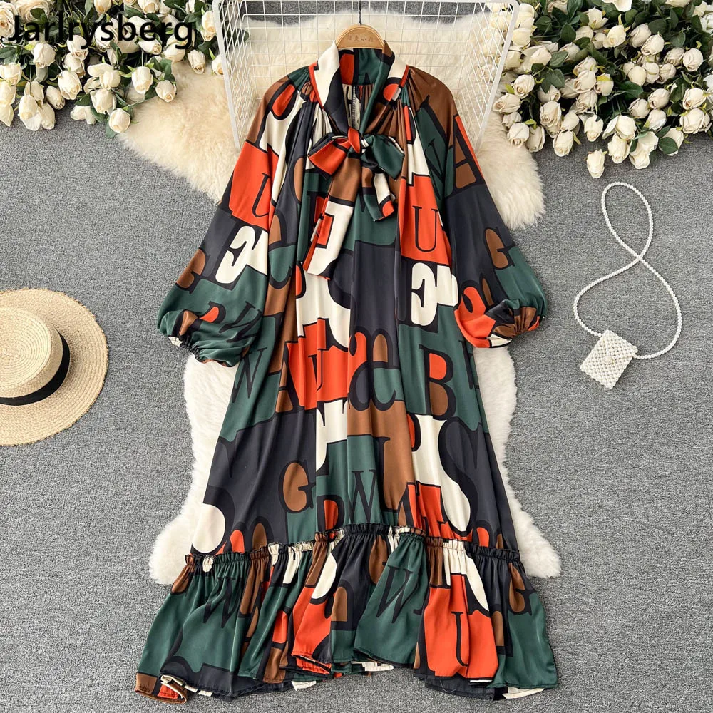 Women's Fashion Spring Summer Lantern Sleeve Casual Loose Print Dress Female For Elegant High Waist Chic Party A-line Dresses