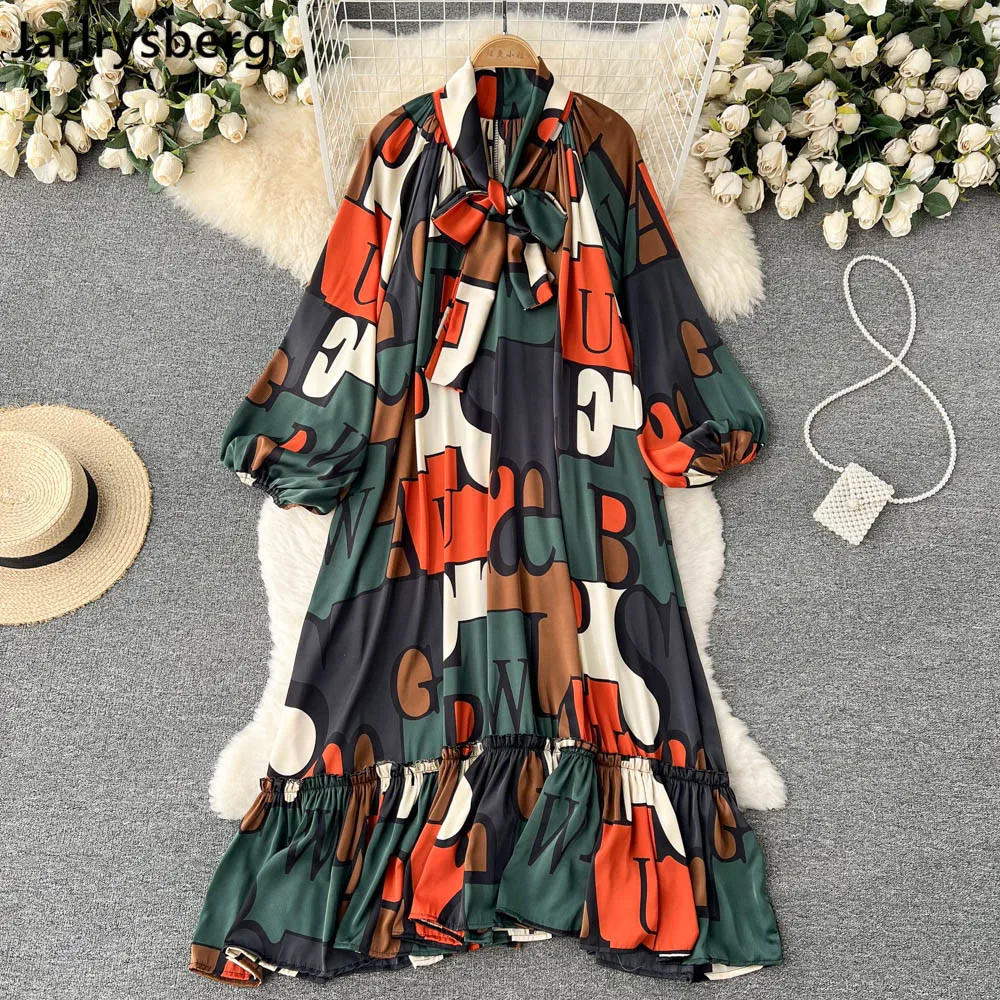 

Women's Fashion Spring Summer Lantern Sleeve Casual Loose Print Dress Female For Elegant High Waist Chic Party A-line Dresses