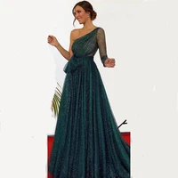 charming hunter green prom dresses one shoulder long sleeve sequined evening gowns sweep train dubai arabic formal party dresses