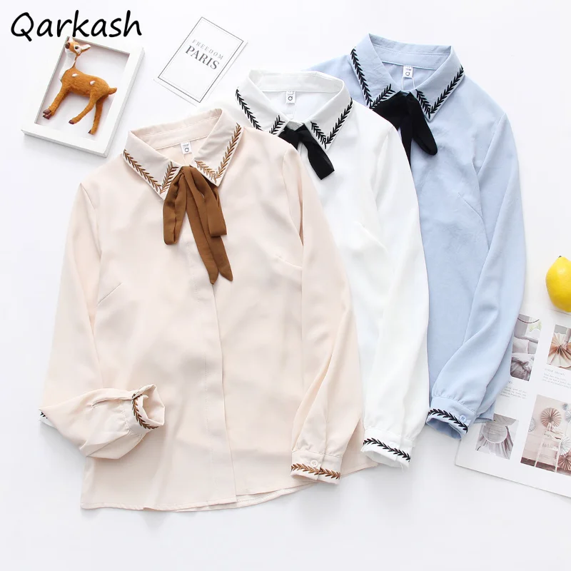 

Preppy Shirts Women Bow Embroidery Girls Aesthetics Long Sleeve Sweet Designer Vintage Korean Fashion Clothing All-match Camisas