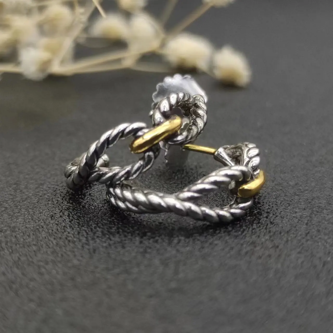 DY David Yurman Gold Hook Twisted Wire Buckle Earrings in Sterling Silver with 14K Yellow PlatedPlated