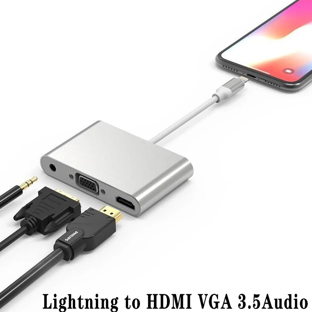 For Lightning to HDMI-Compatible VGA Audio Adapter Cable for Apple iPad iPhone 8 Plus 12 Pro Max HDMI HD TV VGA 3.5mm Converter