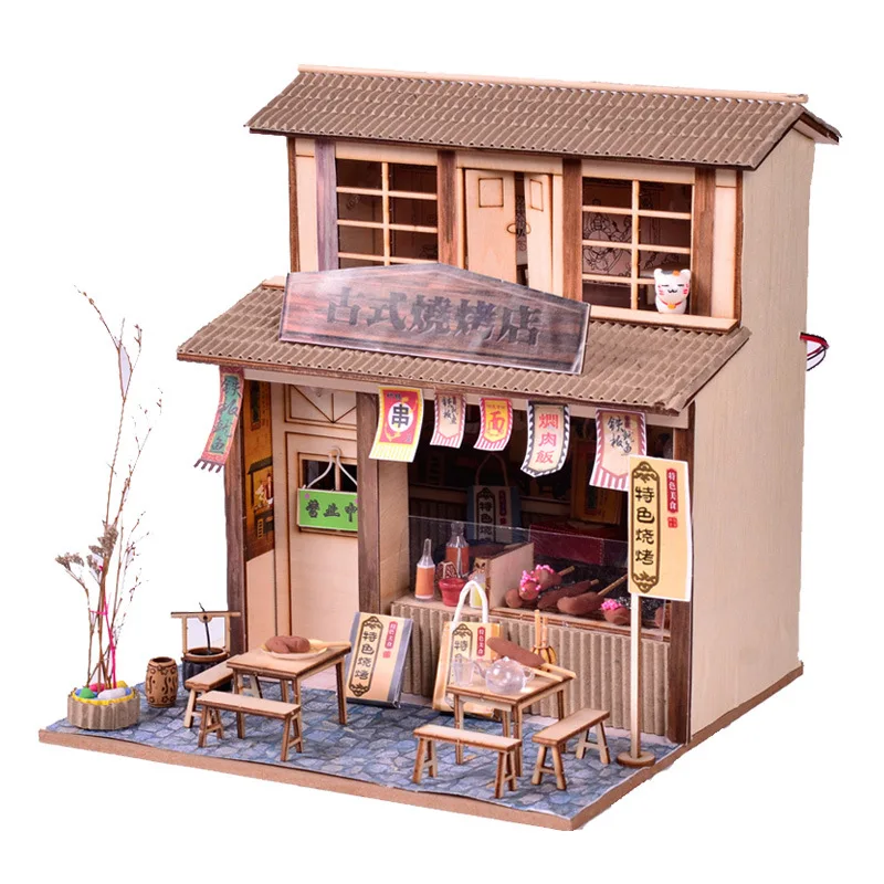 

diy cottage Chinese ancient architecture handmade mini wooden house with lamp assembly model creative gift puzzle toy wooden han