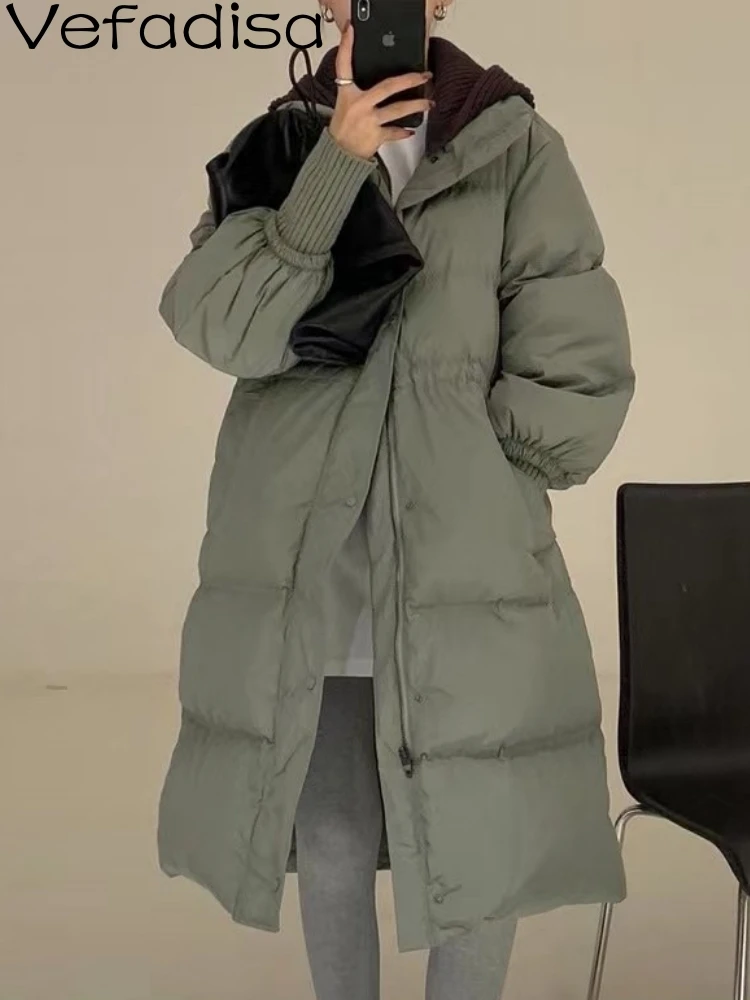 

Vefadisa 2023 Women's Winter New Hooded Cardigan Down Coat Loose Mid-length Thickening Temperament Threaded Sleeve Coat LHX4207