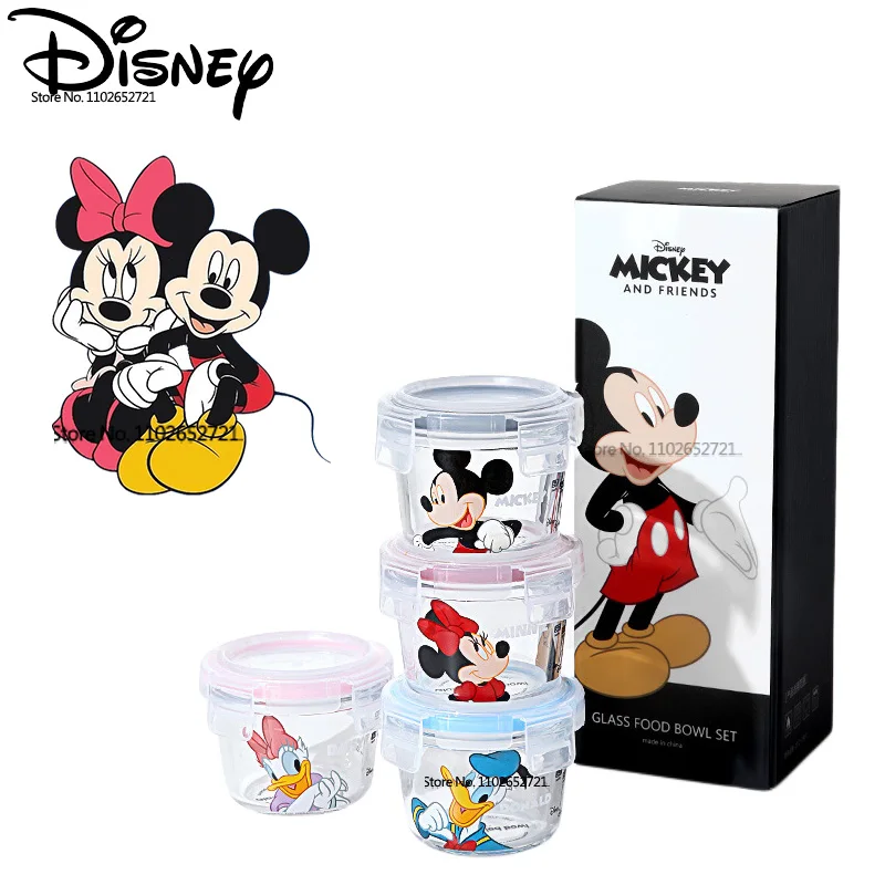 

New Disney Anime Mickey Mouse Minnie Donald Duck Cartoon Figure Glass Lunch Box with Lid Round Microwave Oven Soup Box Kids Gift