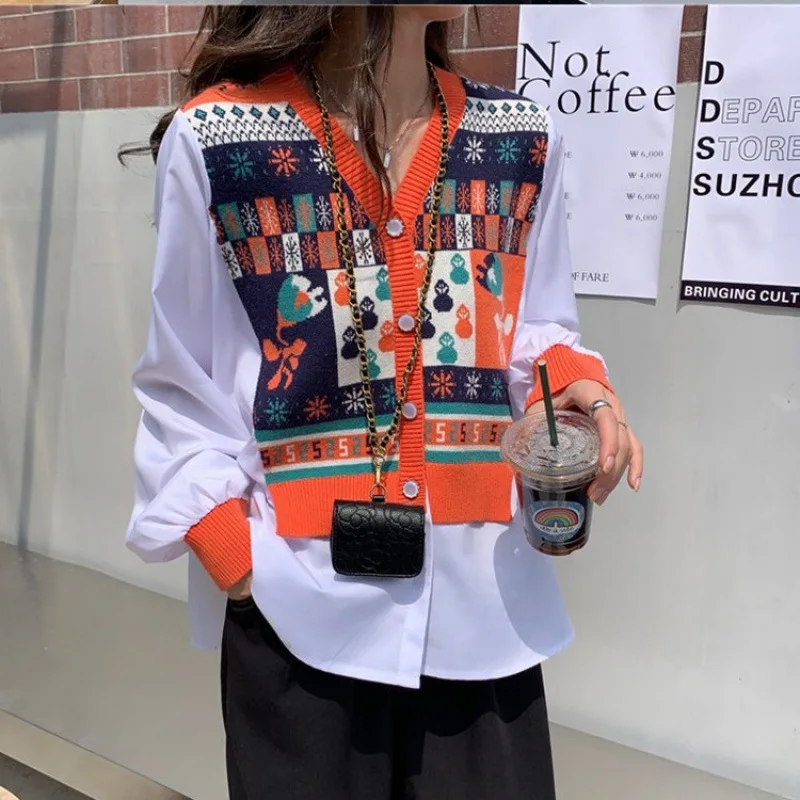 

Patchwork Easy Matching Coat Shirt Sleeve V-neck Knitted Cardigan Autumn New Fake Two-Piece Soft Glutinous Sweater Women