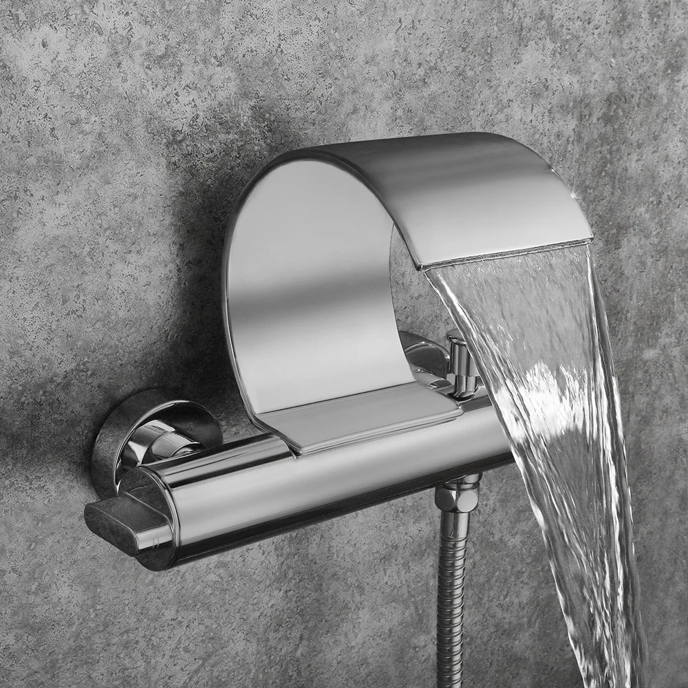 

All-copper wall-mounted hot and cold waterfall faucet, exposed-mounted shower, lifting chrome bathroom, handheld dual-function