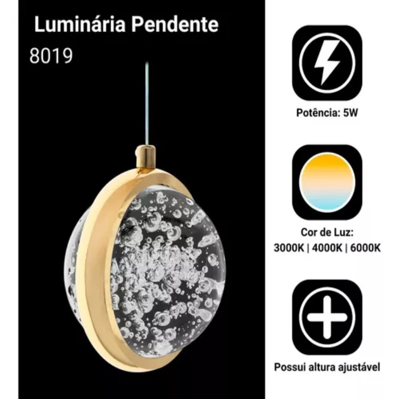 Светильник Подвесной Saturn Crystal Круглая Яркость 8019 Золотой Цвет 110 В/220 В (Бивольт)