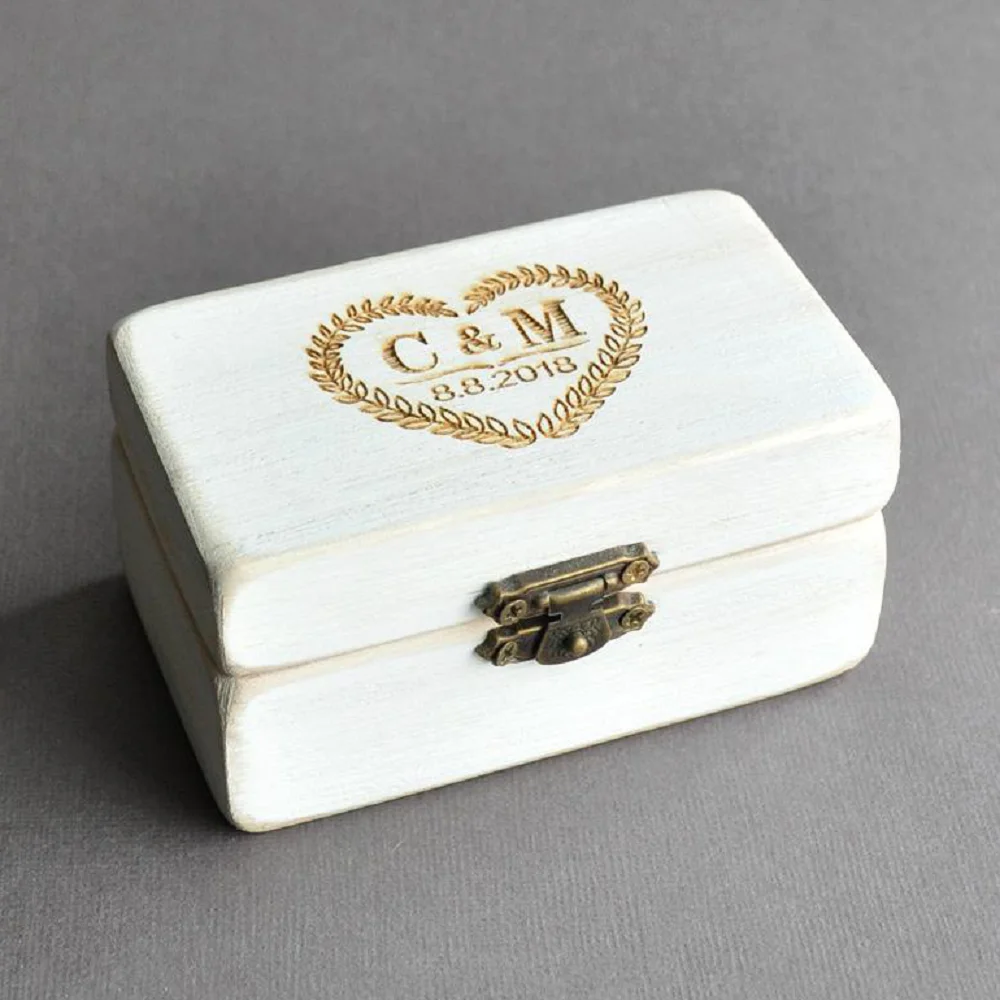 

Custom Wedding Ring Box Double Slot Ring Bearer Box Vintage White Wooden Engraved Personalized Rings Holder Proposal Gift Rustic