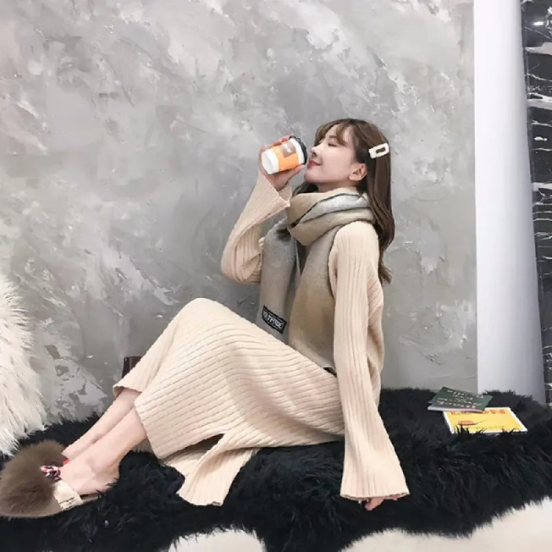 Женское трикотажное платье-свитер SHIJIA элегантное теплое вязаное платье с