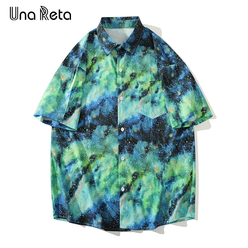 

Мужская однобортная рубашка Una Reta, летние топы в стиле хип-хоп, уличная шелковая рубашка с коротким рукавом, мужские рубашки с принтом в виде неба