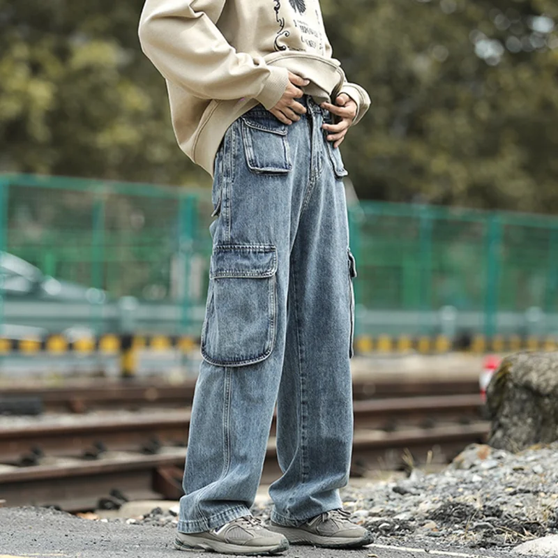 Streetwear Men Vintage Baggy Wide Leg Cargo Pants Versatile Temperament Mopping The Floor Straight Cylinder Jeans Winter Female