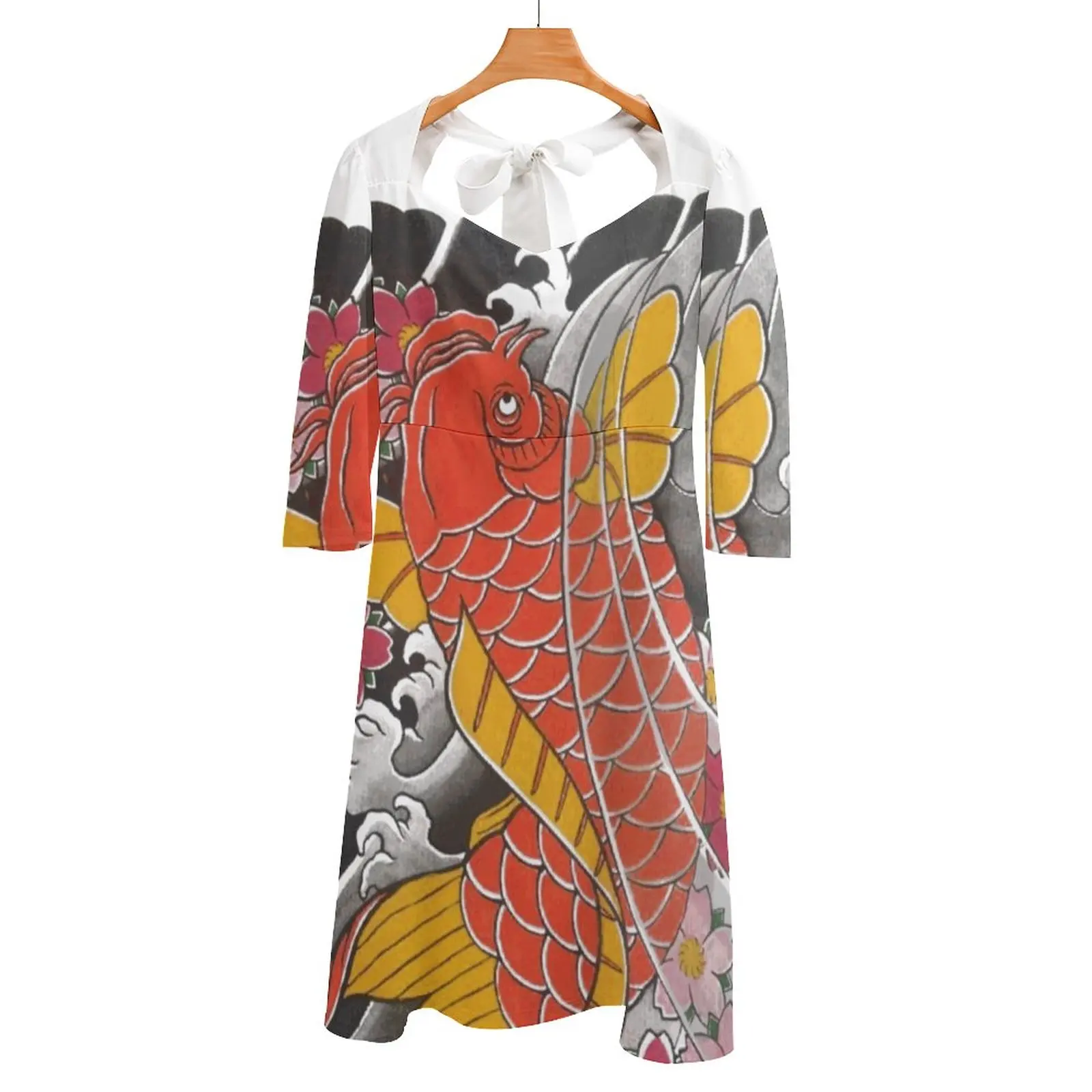 

Koi X Sakura Back Lacing Backless Dress Women Kawaii Square Collar Dress 6Xl Traditional Tattoo Japan Japanese Koi Fish Flowers