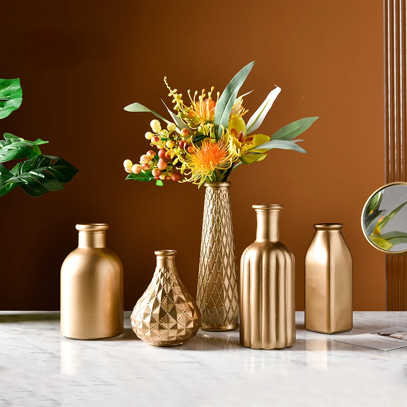 

Golden Flower Vase Glass Jar Pots for Plants Table Decoration Jarrones Decorativos Moderno Nordic Home Decor