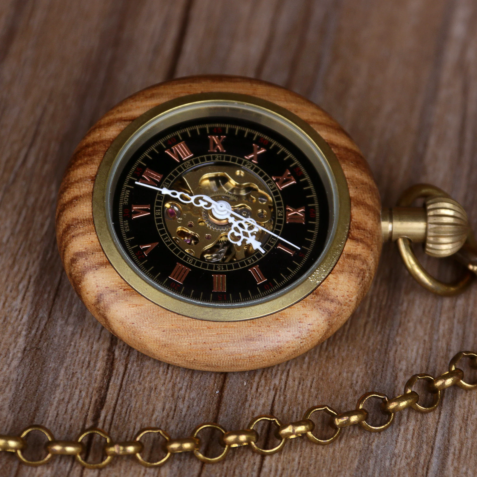 High Style Wooden Retro Mechanical Pocket Watch Roman Numeral Display With Chain Pendant Men's Ladies Popular Gifts