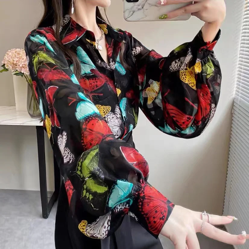 

Women 2022 Elegant Chiffon Print Long Sleeve Blouses Female Chic Vintage Black White Casual Loose Fitting Button Up Shirt Tops