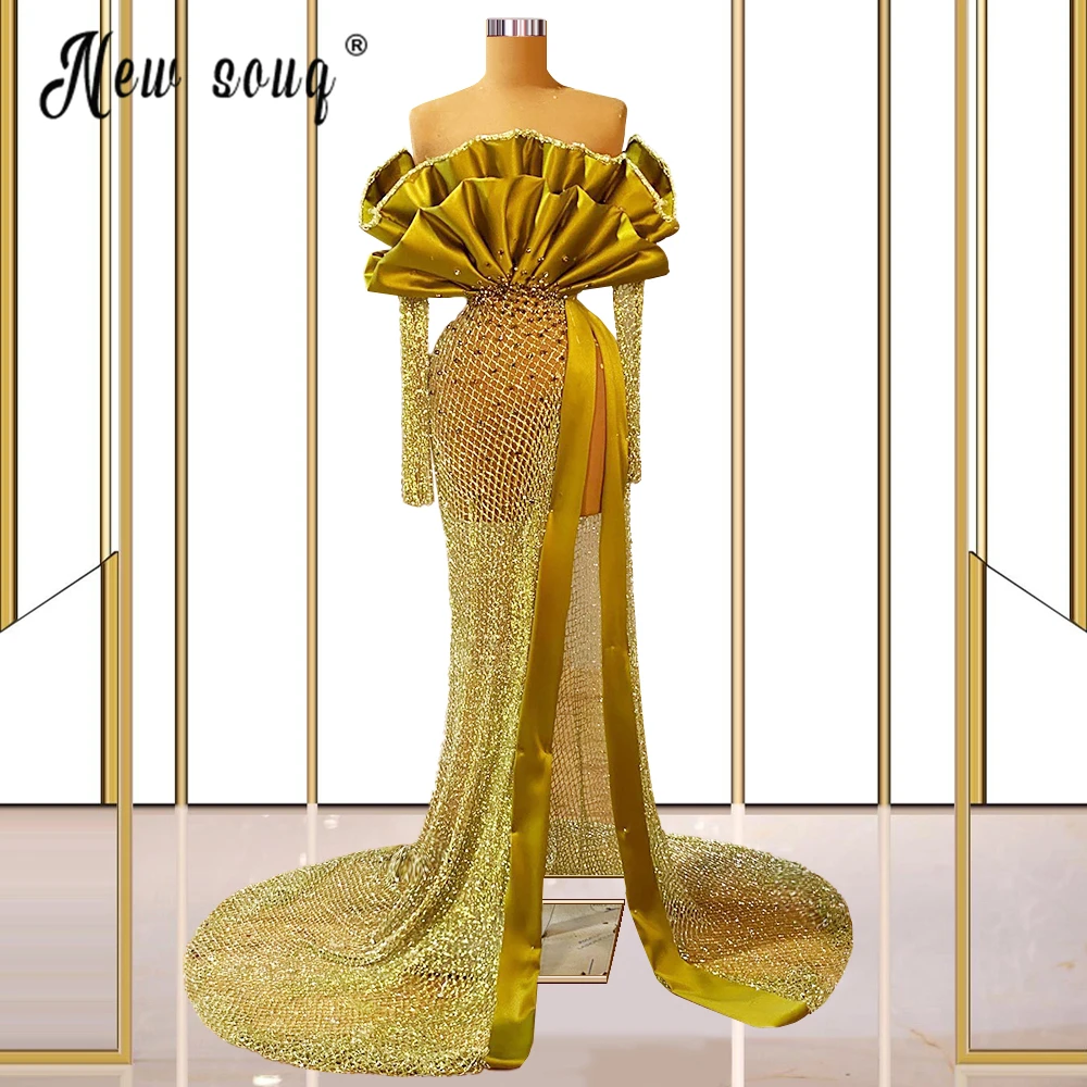 

Elegant Split Side Evening Dress Yellow Merrmaid Formal Evening Gowns Long Train Crystals Prom Gowns Saudi Arabia Party Gown