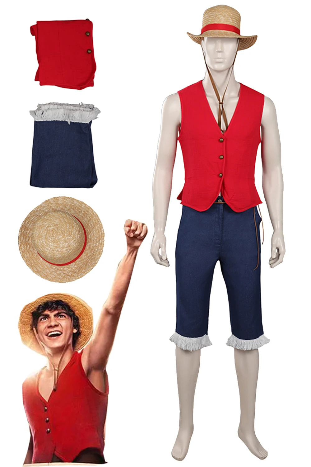 

Kids Boys Luffy Cosplay Role Play Live Action TV One Cosplay Piece Costume Children Straw Hat Fantasy Fancy Dress Up Party Cloth