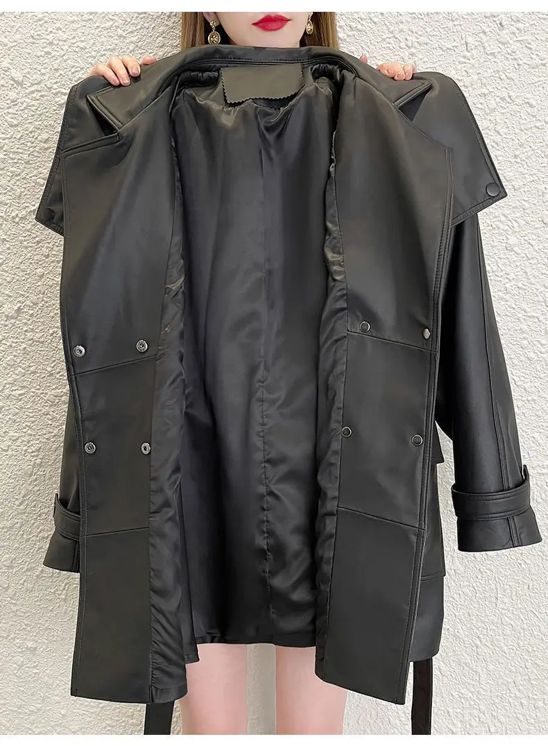 Leather Women's Autumn 2022 New Lace-up Waist Slimming Mid-length Navy Collar Leather Jacket