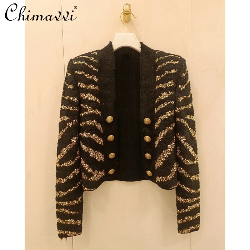 

Fall 2023 Womens Clothes Fashion Zebra Pattern Socialite Diamond Metal Buckle Tweed Coat High-Grade Long Sleeve Slim Fit Jackets