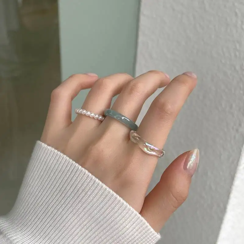 

3pcs/set Acrylic Ring Set Light Color System Resin Beaded Elastic Rings Bridal Engagement Women Finger Jewelry 2022 Summer