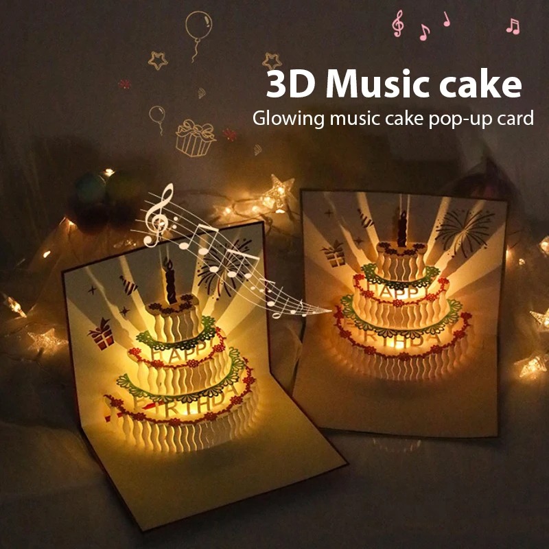 

3D Pop Up Birthday Cards LED Warming Music Birthday Cake Greeting Cards