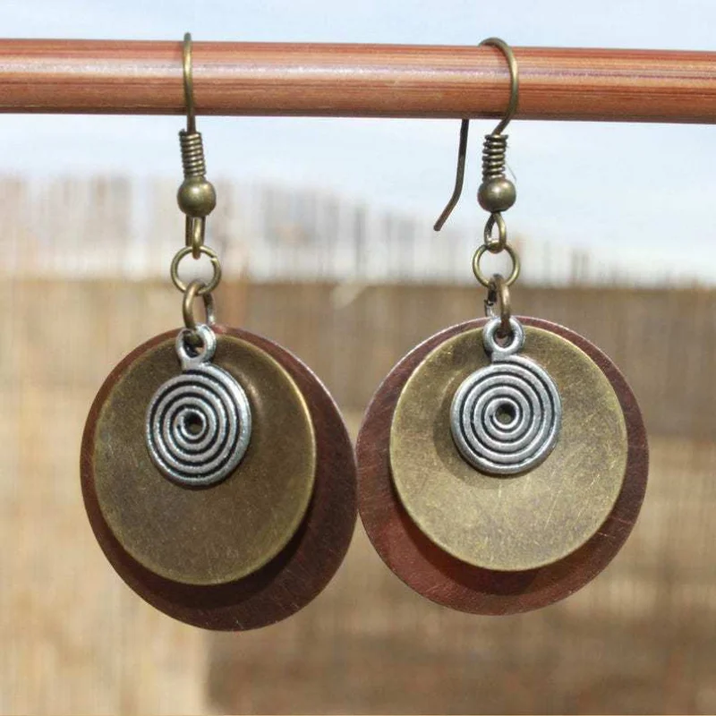 

New Retro Disc Multi-layer Two-color Earrings Women's Ethnic Style Personality Hook-shaped Drop Earrings