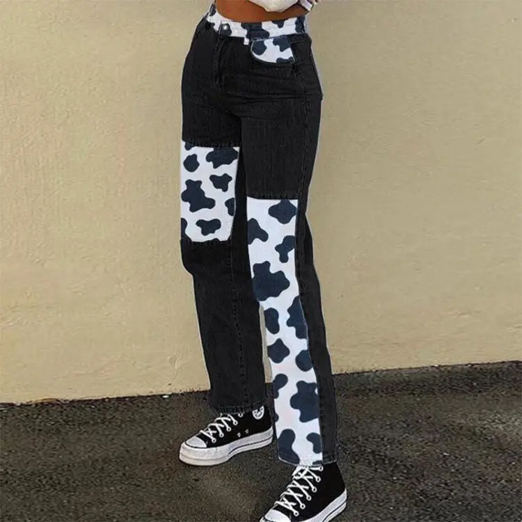 BiggOrange 2020 High Waist Streetwear Pants Grunge Style 90s Denim Jeans Cow Patchwork Fashion Women E-girl Trendy Trousers