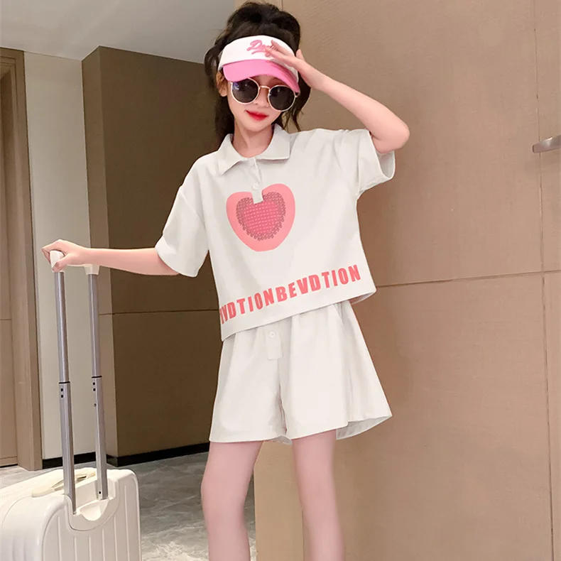 

Summer Girl Sweet Polo Shirt Shorts Two-piece Korean Style Letter Printed Pullover Top Casual Cute Children's Suits Baby Clothes